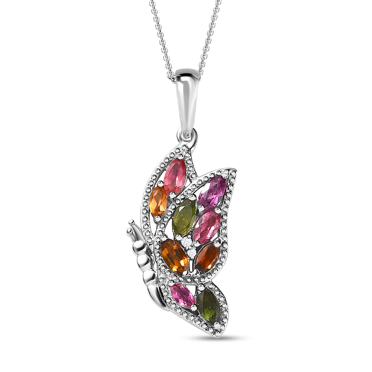 Multi-Tourmaline & Moissanite Butterfly Pendant with Chain (Size 20) in Platinum Overlay Sterling Silver 1.20 Ct.