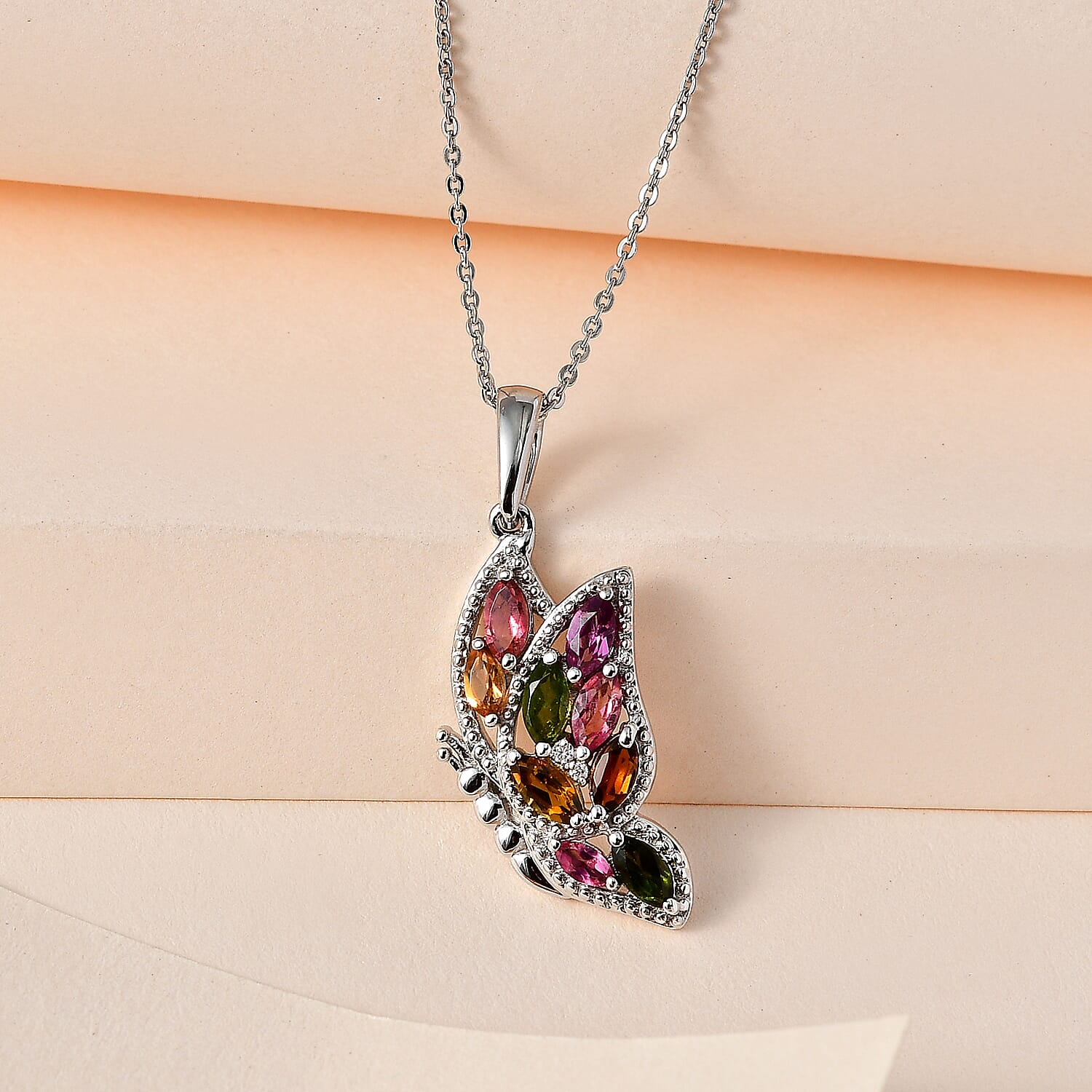 Multi-Tourmaline & Moissanite Butterfly Pendant with Chain (Size 20) in Platinum Overlay Sterling Silver 1.20 Ct.