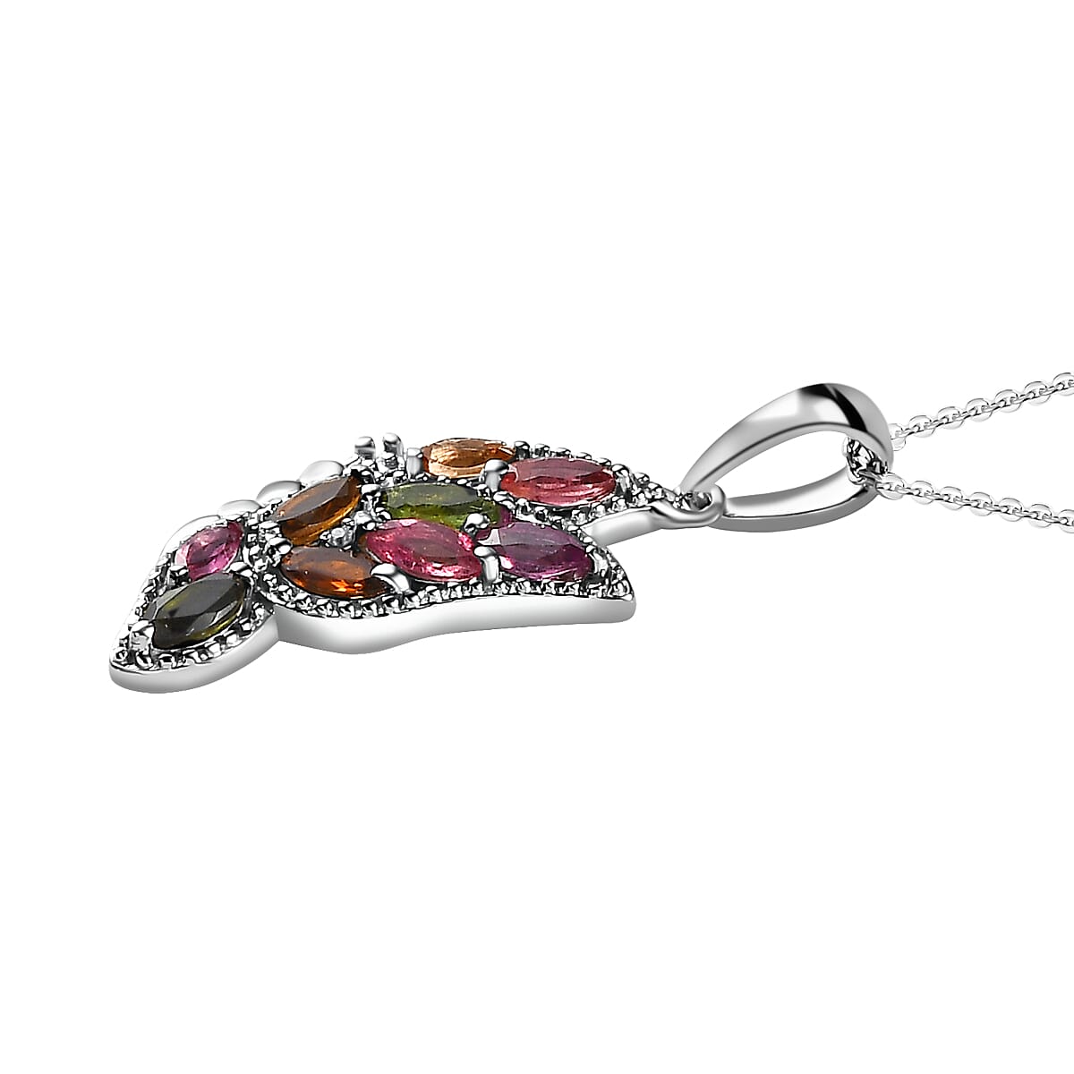 Multi-Tourmaline & Moissanite Butterfly Pendant with Chain (Size 20) in Platinum Overlay Sterling Silver 1.20 Ct.