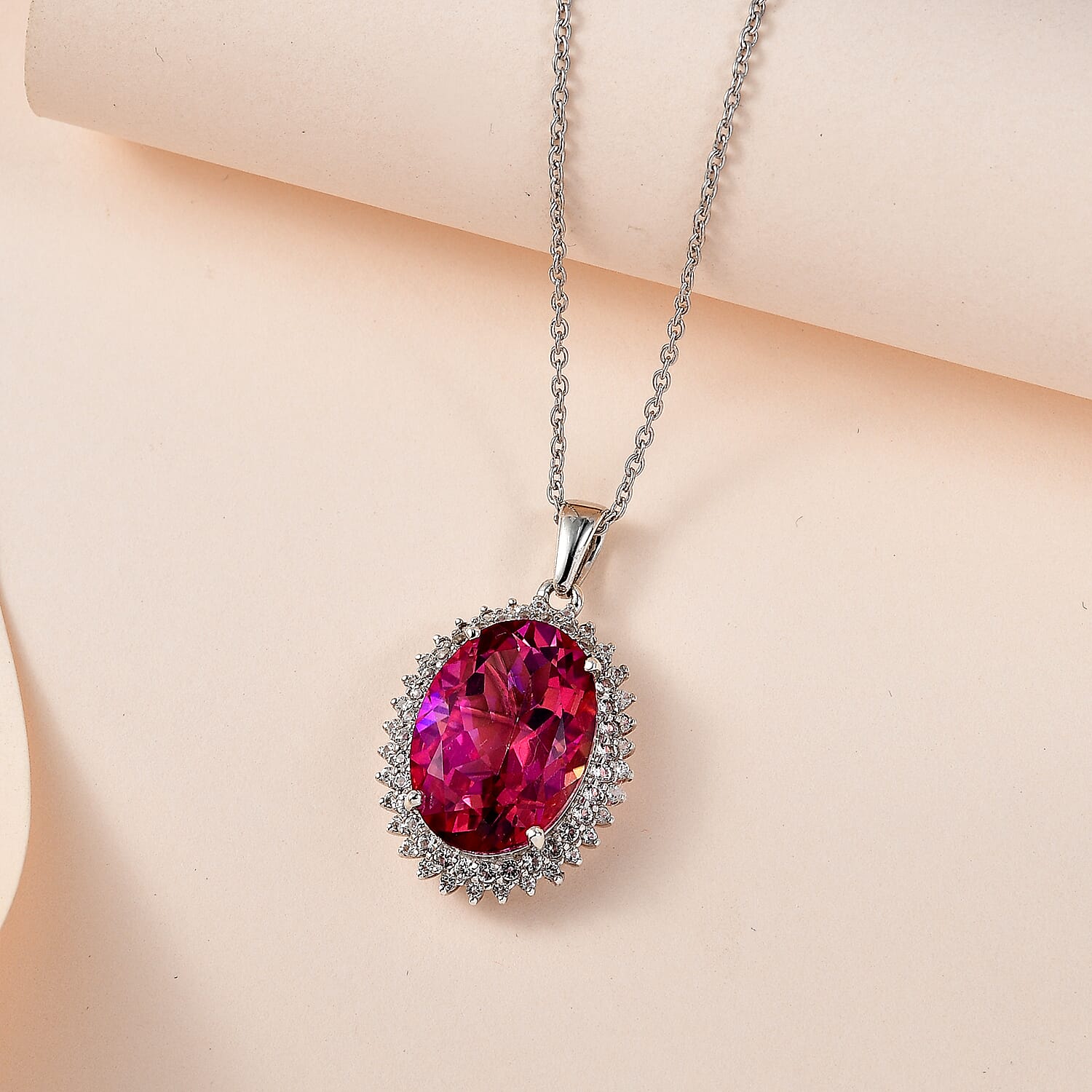 Pink Mystic Topaz & White Topaz Halo Pendant with Chain (Size 20) in Platinum Overlay Sterling Silver 12.30 Ct, Silver Wt. 5.18 Gms