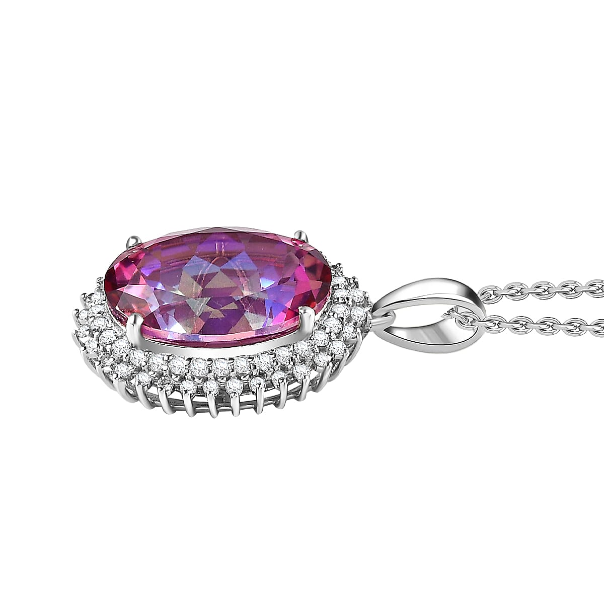 Pink Mystic Topaz & White Topaz Halo Pendant with Chain (Size 20) in Platinum Overlay Sterling Silver 12.30 Ct, Silver Wt. 5.18 Gms
