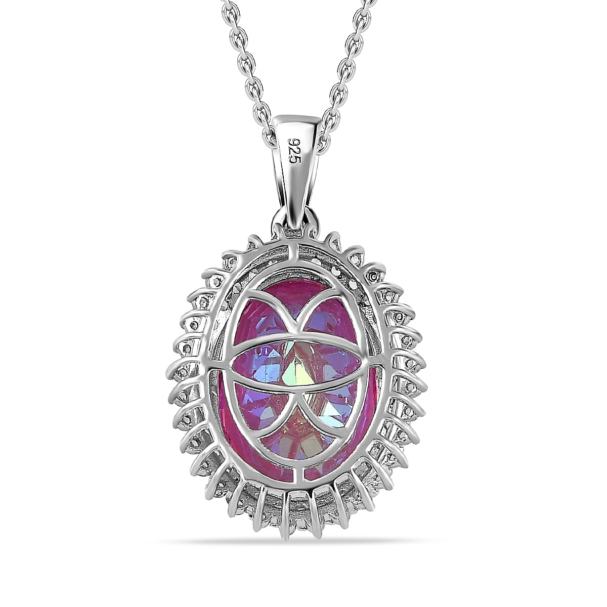 Pink Mystic Topaz & White Topaz Halo Pendant with Chain (Size 20) in Platinum Overlay Sterling Silver 12.30 Ct, Silver Wt. 5.18 Gms