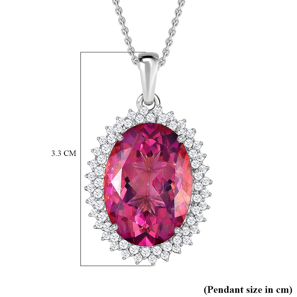 Pink Mystic Topaz & White Topaz Halo Pendant with Chain (Size 20) in Platinum Overlay Sterling Silver 12.30 Ct, Silver Wt. 5.18 Gms