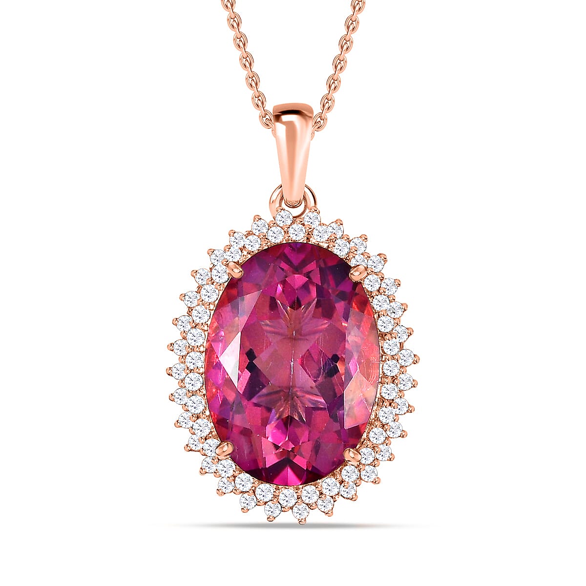 Pink Mystic Topaz & White Topaz Halo Necklace (Size-20) in 18K Rose Gold Vermeil Plated Sterling Silver 12.31 Ct, Silver Wt 6.00 GM