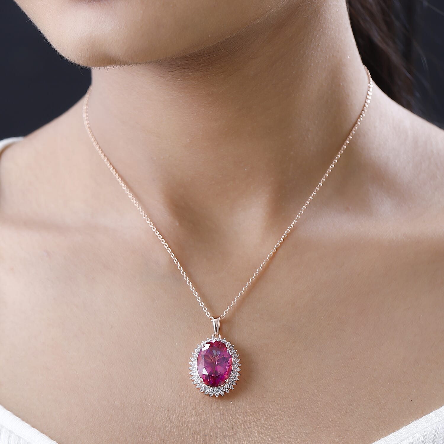 Pink Mystic Topaz & White Topaz Halo Necklace (Size-20) in 18K Rose Gold Vermeil Plated Sterling Silver 12.31 Ct, Silver Wt 6.00 GM