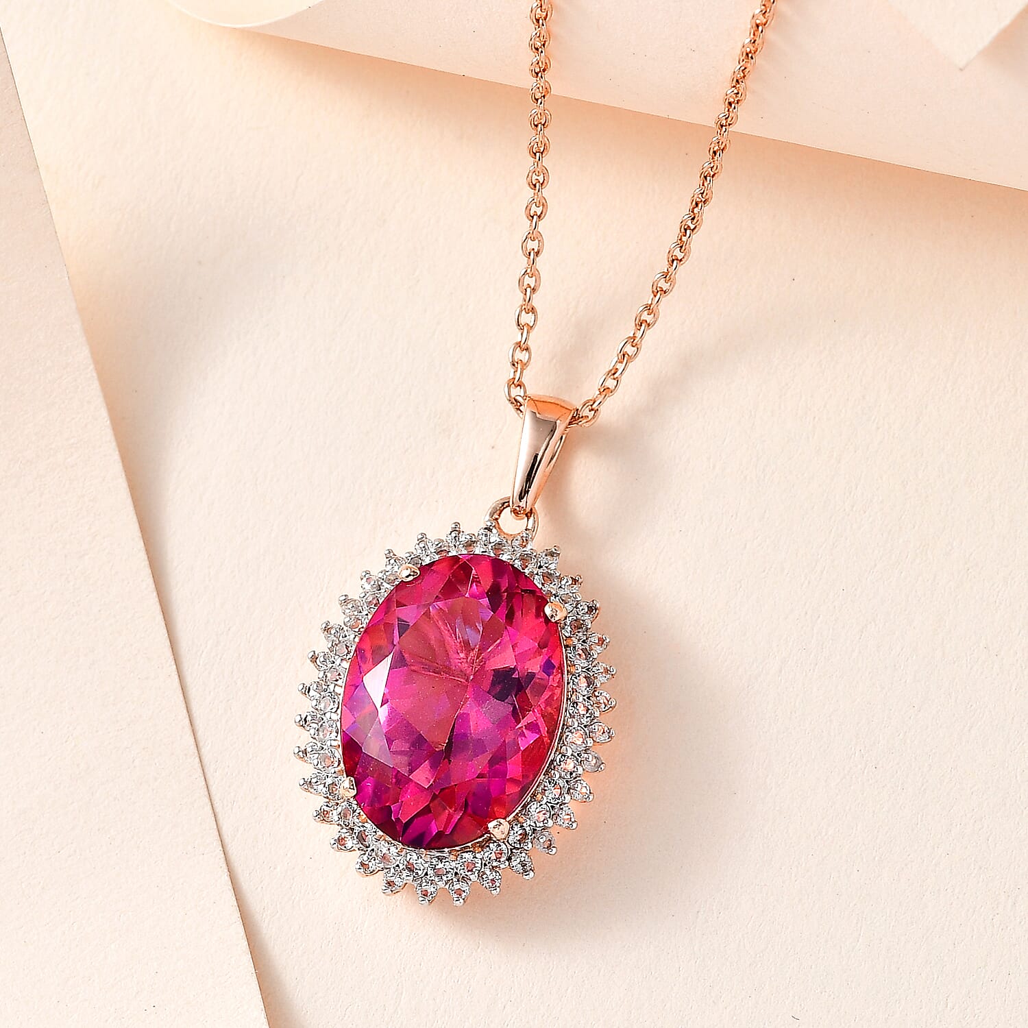 Pink Mystic Topaz & White Topaz Halo Necklace (Size-20) in 18K Rose Gold Vermeil Plated Sterling Silver 12.31 Ct, Silver Wt 6.00 GM