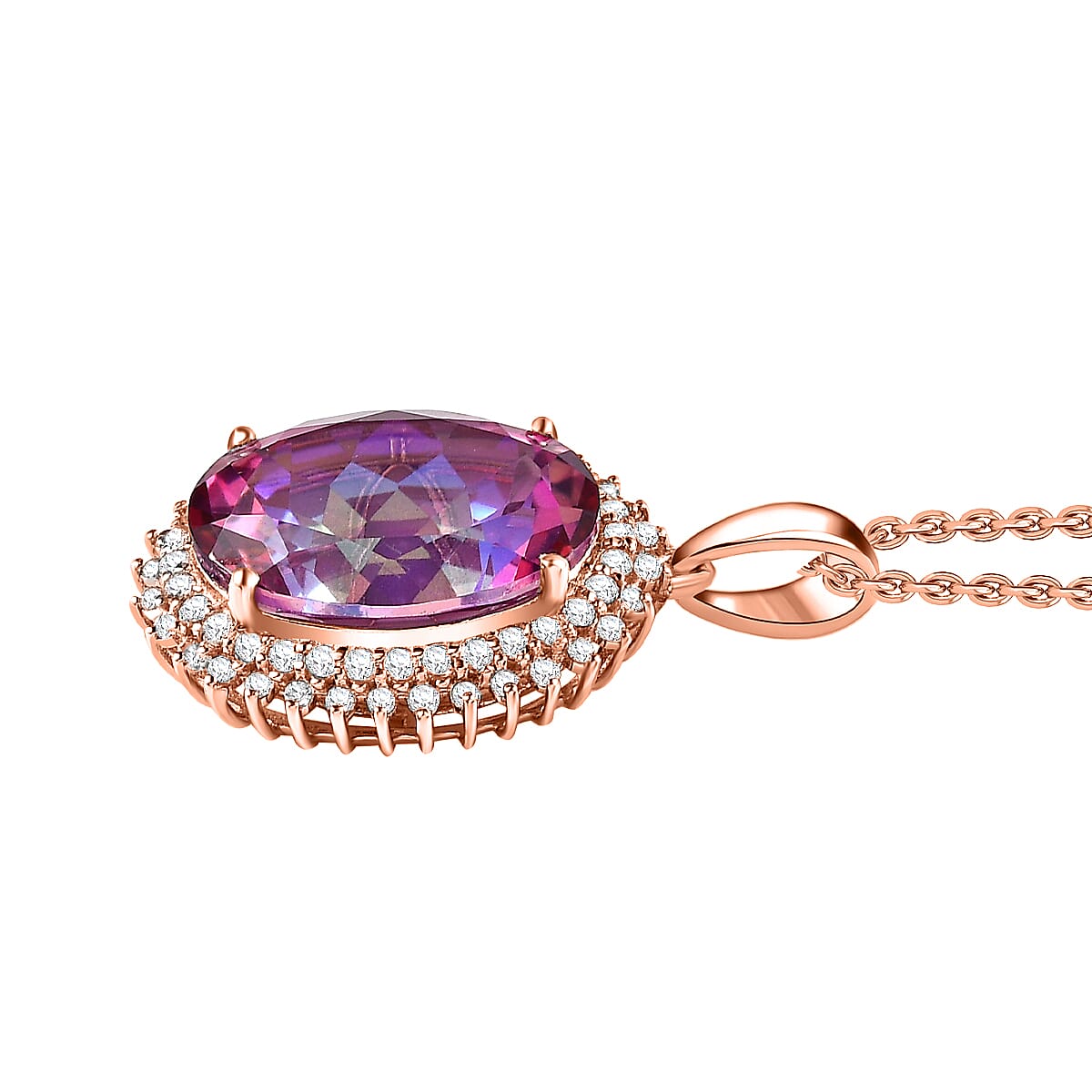 Pink Mystic Topaz & White Topaz Halo Necklace (Size-20) in 18K Rose Gold Vermeil Plated Sterling Silver 12.31 Ct, Silver Wt 6.00 GM