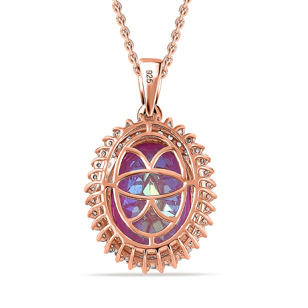Pink Mystic Topaz & White Topaz Halo Necklace (Size-20) in 18K Rose Gold Vermeil Plated Sterling Silver 12.31 Ct, Silver Wt 6.00 GM