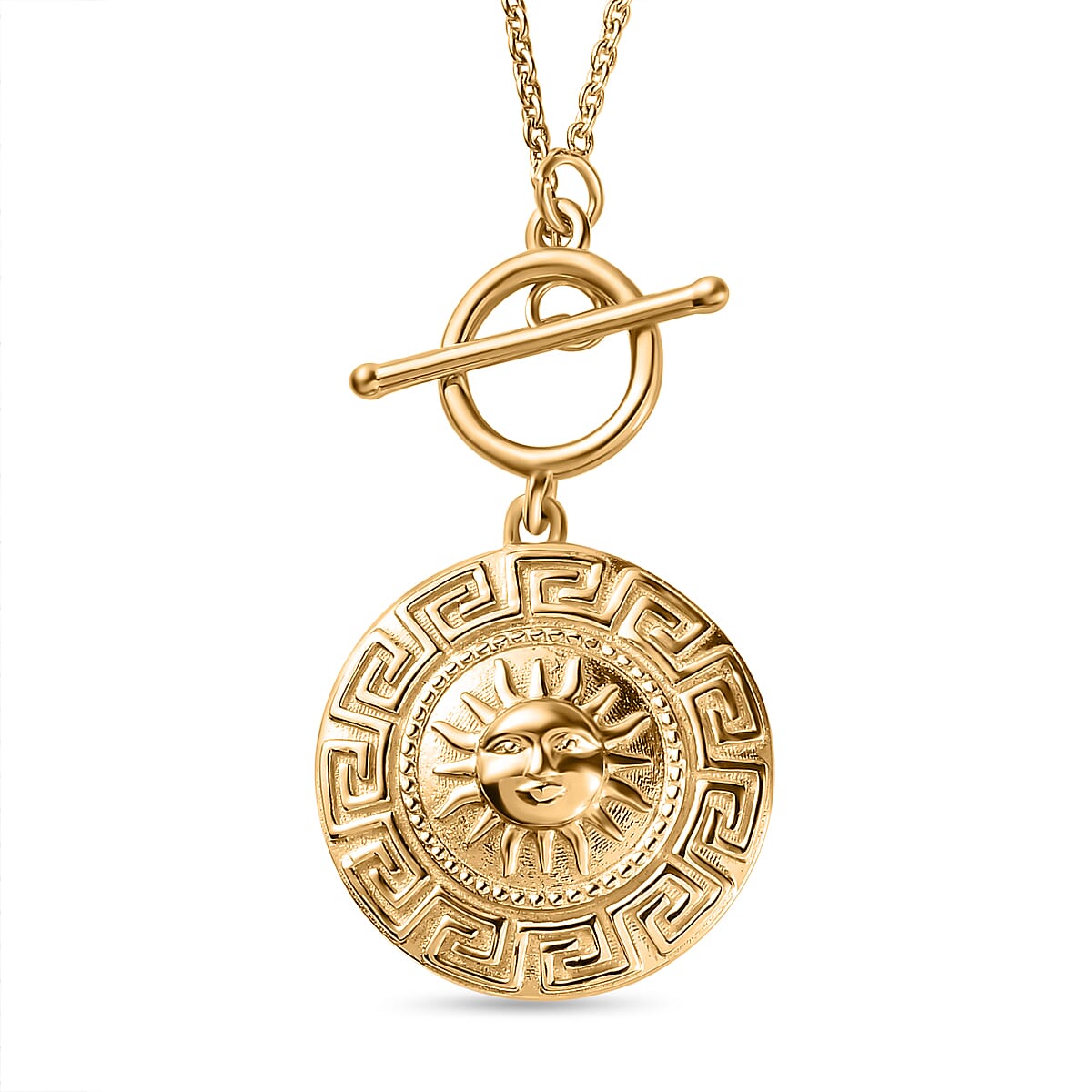 18K Yellow Gold Vermeil Plated Sterling Silver Greek Key Sun Necklace (Size-20) With T-Bar Clasp, Silver Wt 10.24 GM