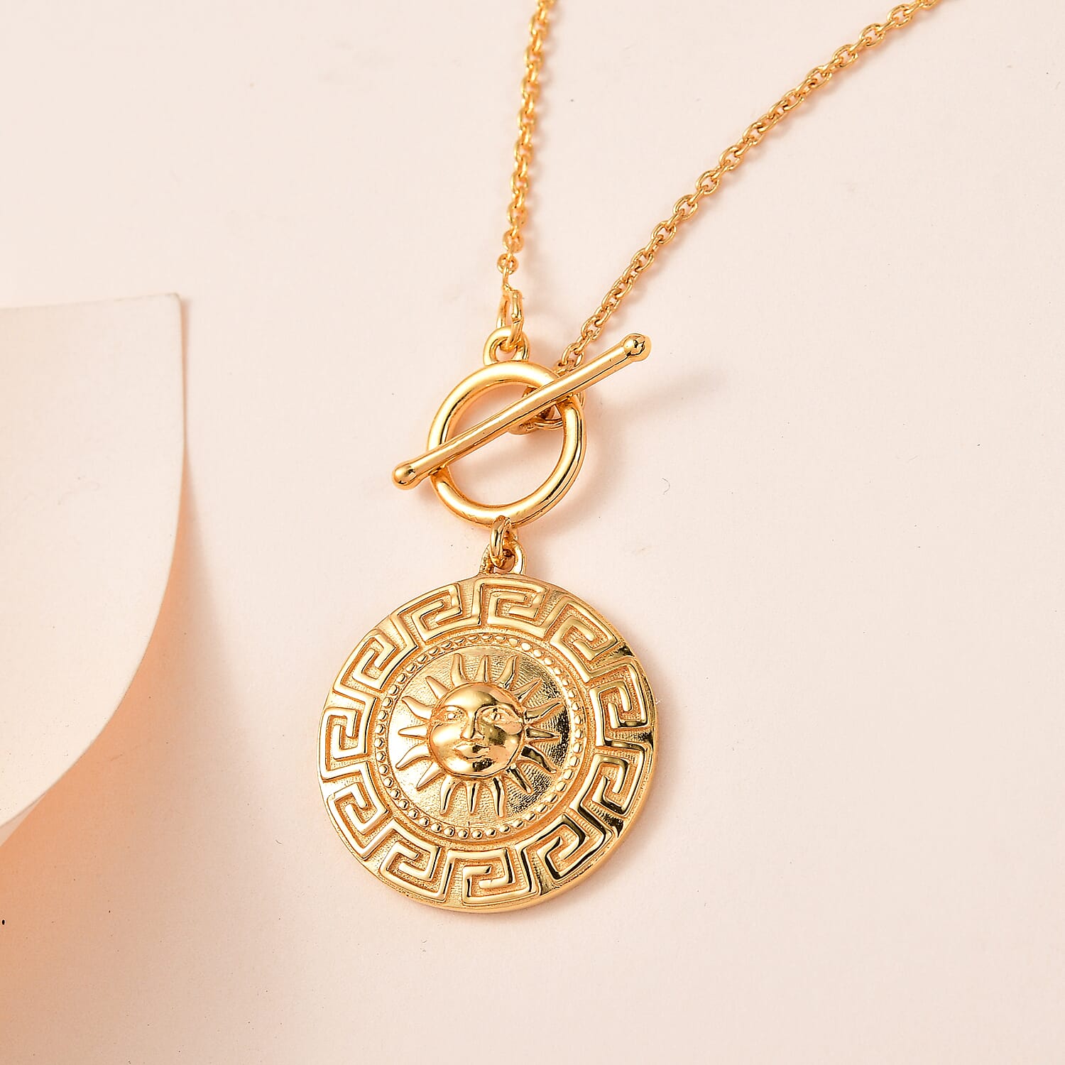 18K Yellow Gold Vermeil Plated Sterling Silver Greek Key Sun Necklace (Size-20) With T-Bar Clasp, Silver Wt 10.24 GM