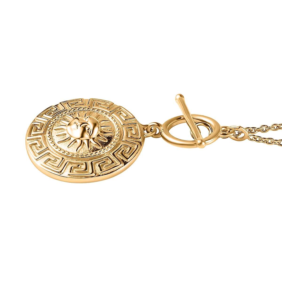 18K Yellow Gold Vermeil Plated Sterling Silver Greek Key Sun Necklace (Size-20) With T-Bar Clasp, Silver Wt 10.24 GM