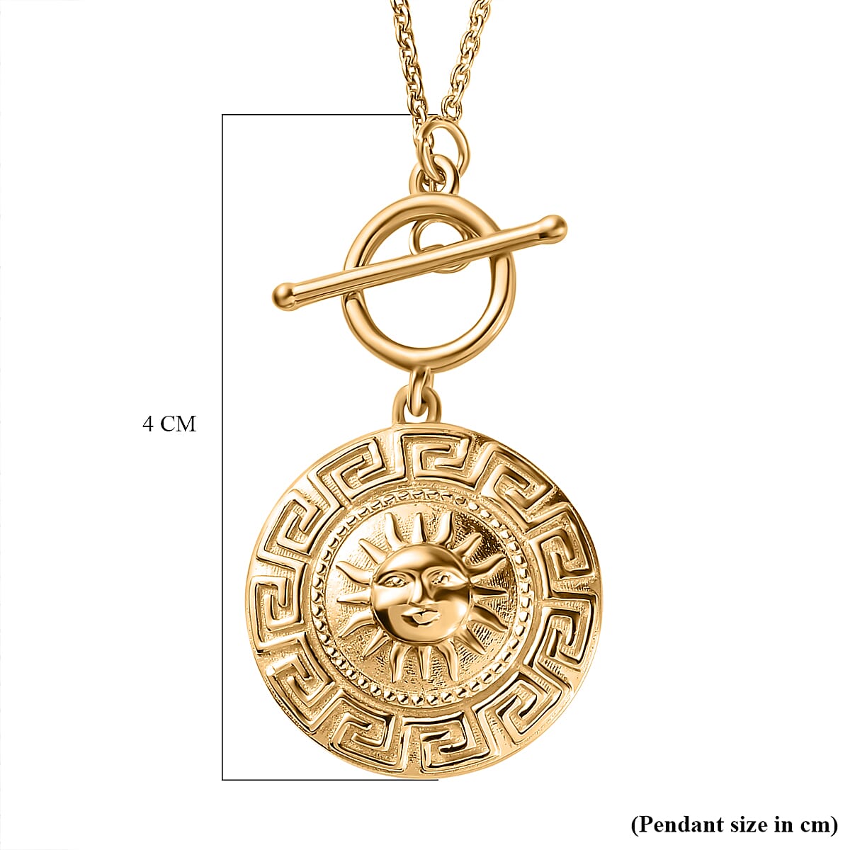 18K Yellow Gold Vermeil Plated Sterling Silver Greek Key Sun Necklace (Size-20) With T-Bar Clasp, Silver Wt 10.24 GM