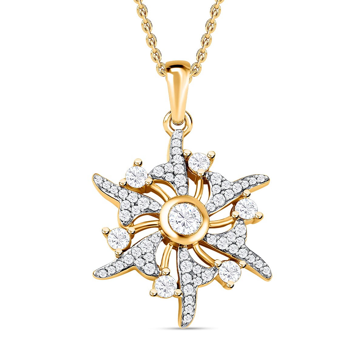 Moissanite Sun Burst Pendant with Chain (Size 20) in 18K Yellow Gold Vermeil Plated Sterling Silver, 5.10 GM