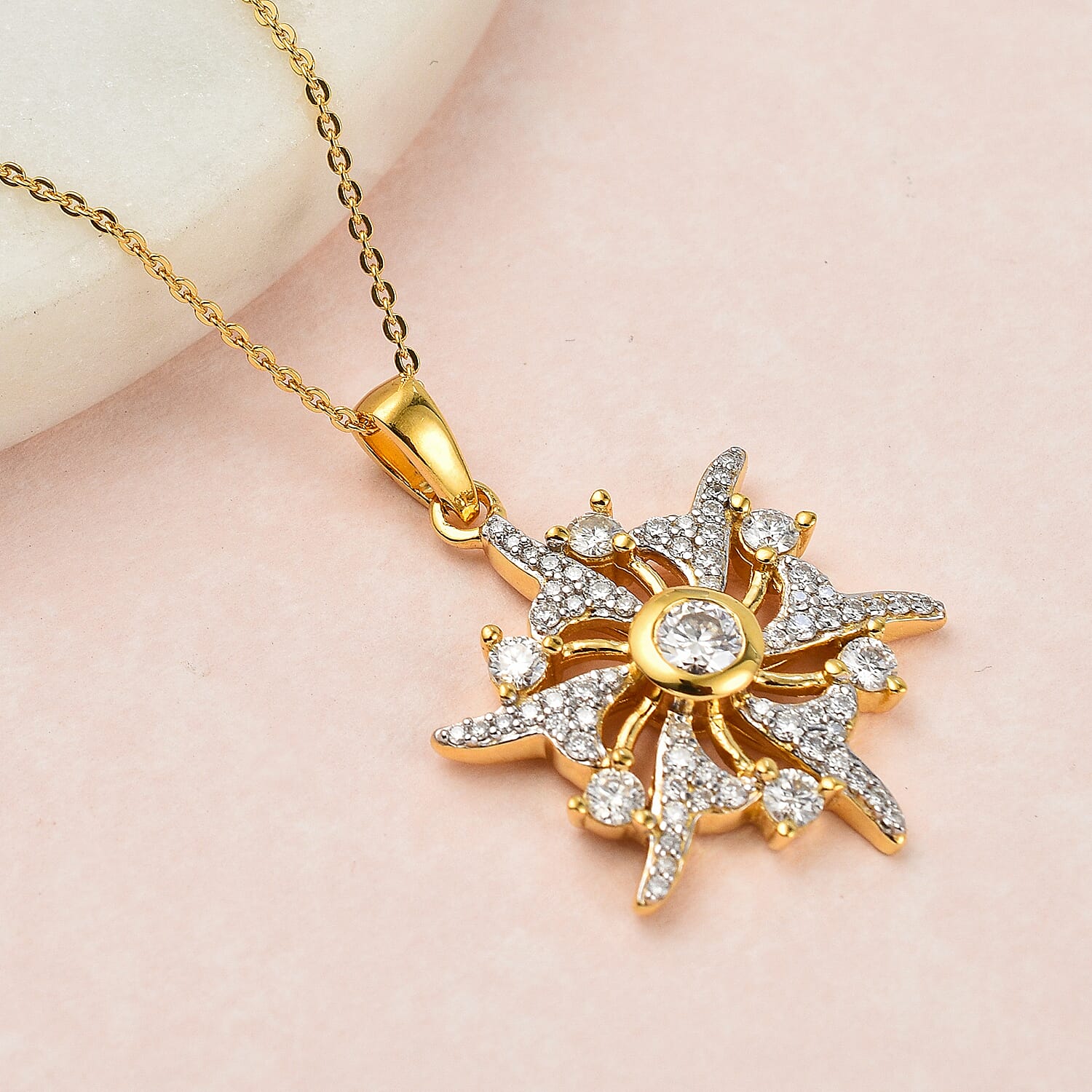 Moissanite Sun Burst Pendant with Chain (Size 20) in 18K Yellow Gold Vermeil Plated Sterling Silver, 5.10 GM