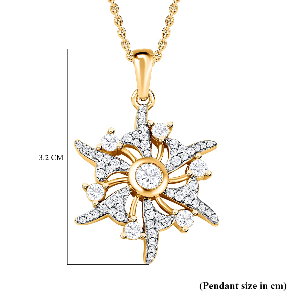 Moissanite Sun Burst Pendant with Chain (Size 20) in 18K Yellow Gold Vermeil Plated Sterling Silver, 5.10 GM