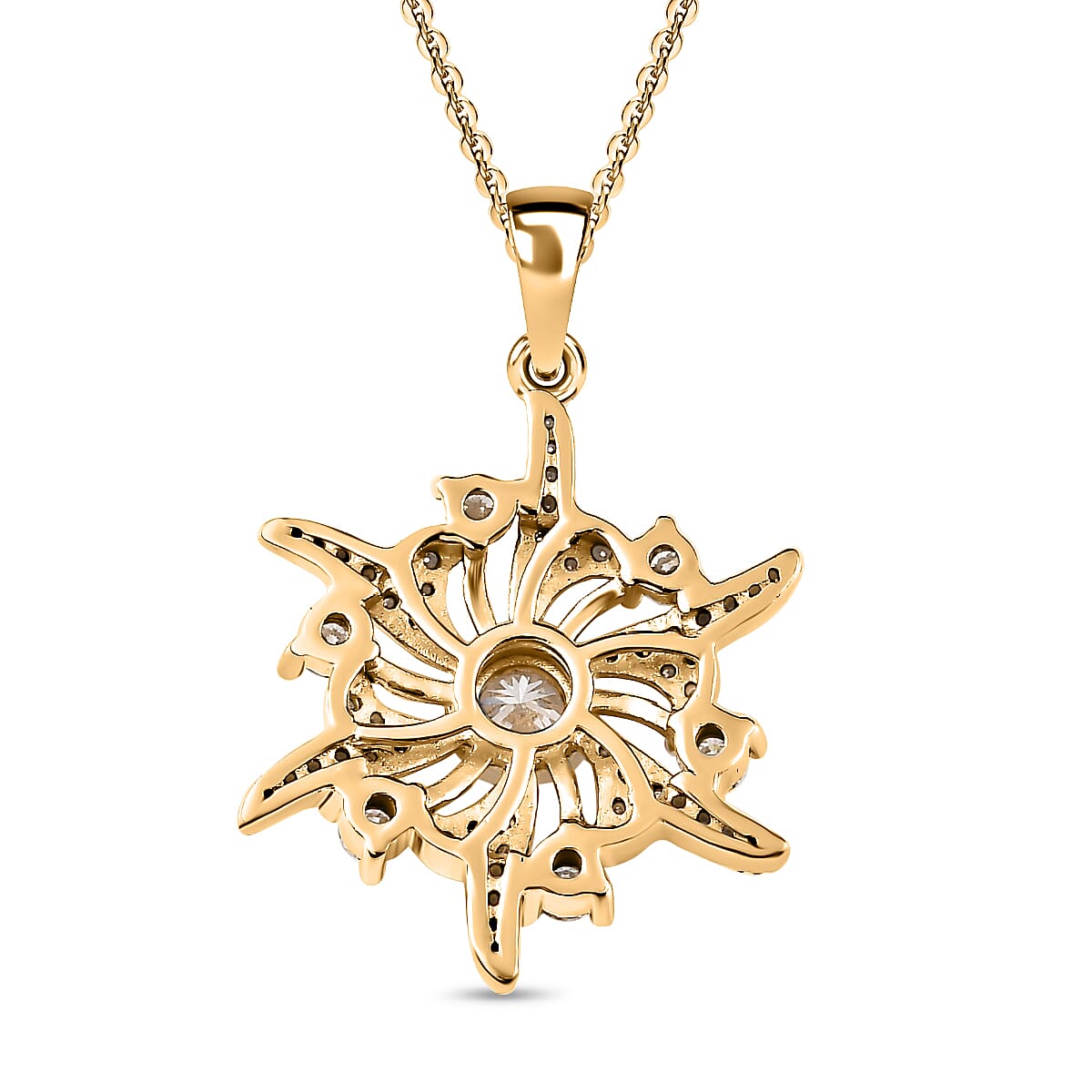 Moissanite Sun Burst Pendant with Chain (Size 20) in 18K Yellow Gold Vermeil Plated Sterling Silver, 5.10 GM