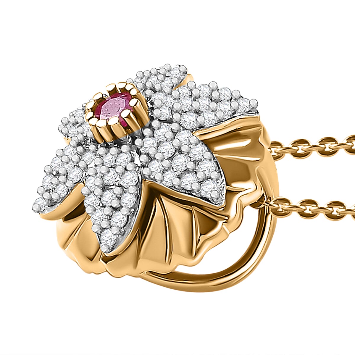 African Ruby & Natural Zircon Floral Pendant with Chain (Size 20) in 18K YG Vermeil Plated Sterling Silver, Silver Wt. 5.87 GM