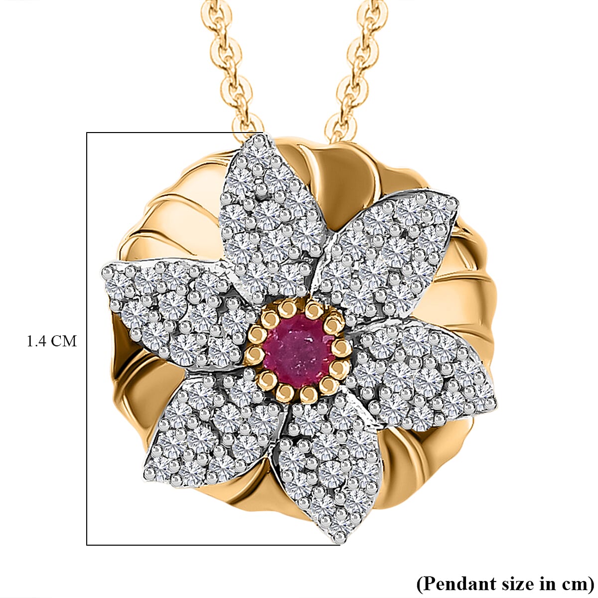 African Ruby & Natural Zircon Floral Pendant with Chain (Size 20) in 18K YG Vermeil Plated Sterling Silver, Silver Wt. 5.87 GM