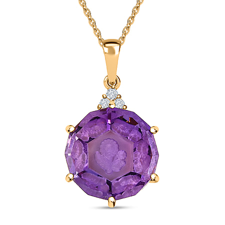 Pink Amethyst & Moissanite Pendant with Chain (Size 20) in 18K Vermeil Yellow Gold Plated Sterling Silver 22.91 Ct, Silver Wt. 5.19 Gms