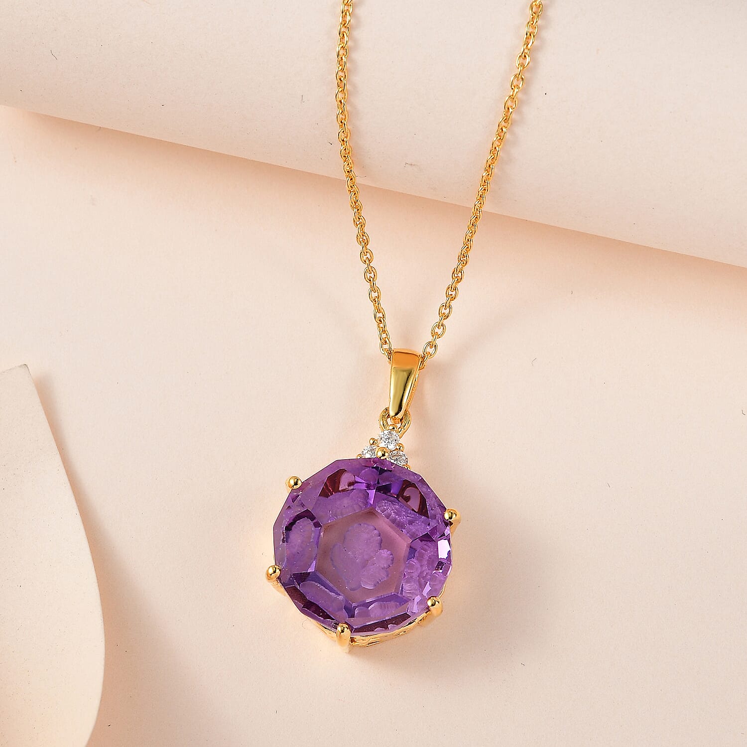 Pink Amethyst & Moissanite Pendant with Chain (Size 20) in 18K Vermeil Yellow Gold Plated Sterling Silver 22.91 Ct, Silver Wt. 5.19 Gms