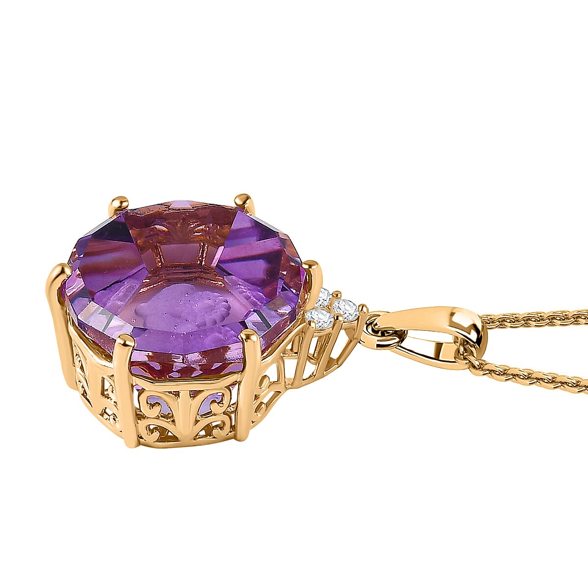 Pink Amethyst & Moissanite Pendant with Chain (Size 20) in 18K Vermeil Yellow Gold Plated Sterling Silver 22.91 Ct, Silver Wt. 5.19 Gms