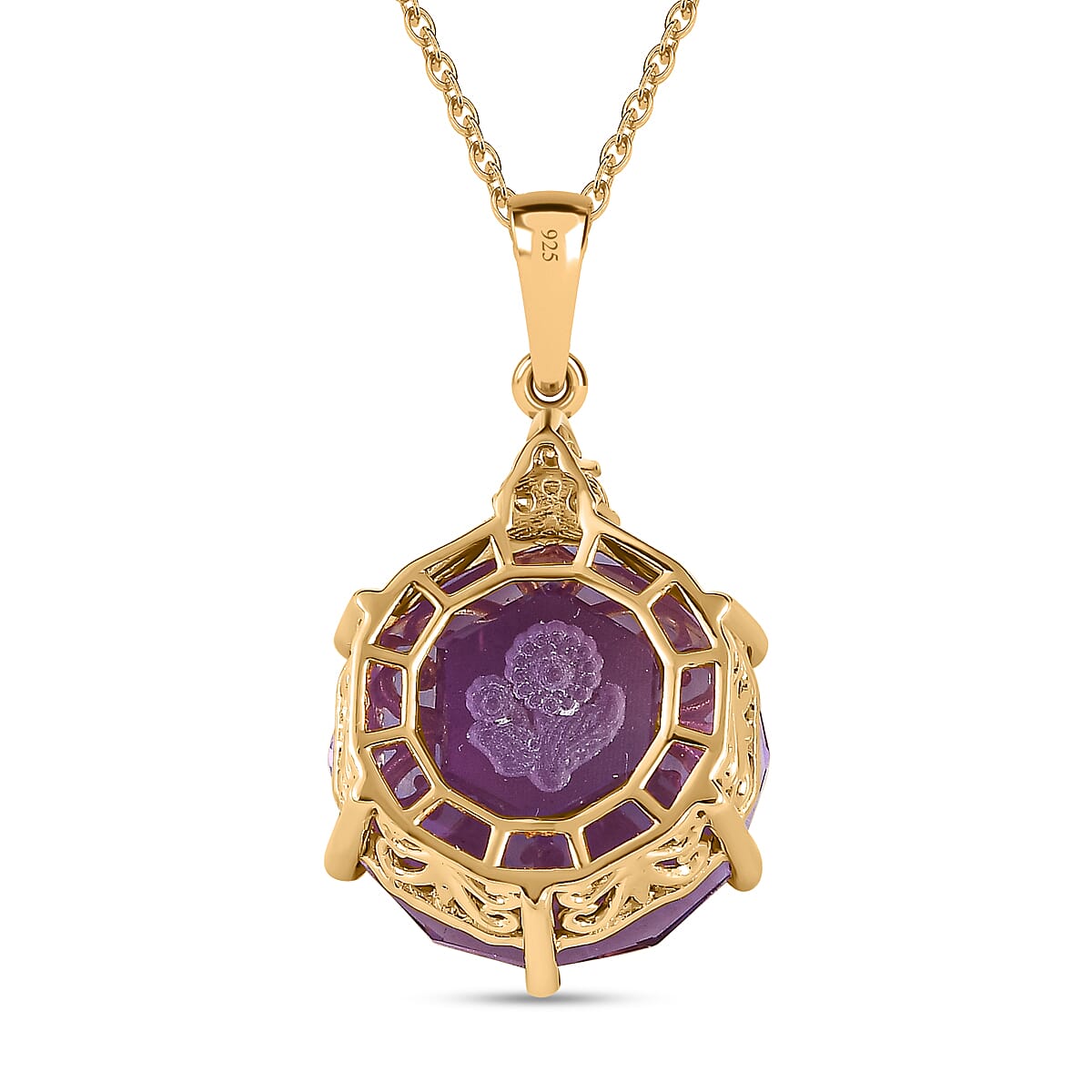 Pink Amethyst & Moissanite Pendant with Chain (Size 20) in 18K Vermeil Yellow Gold Plated Sterling Silver 22.91 Ct, Silver Wt. 5.19 Gms