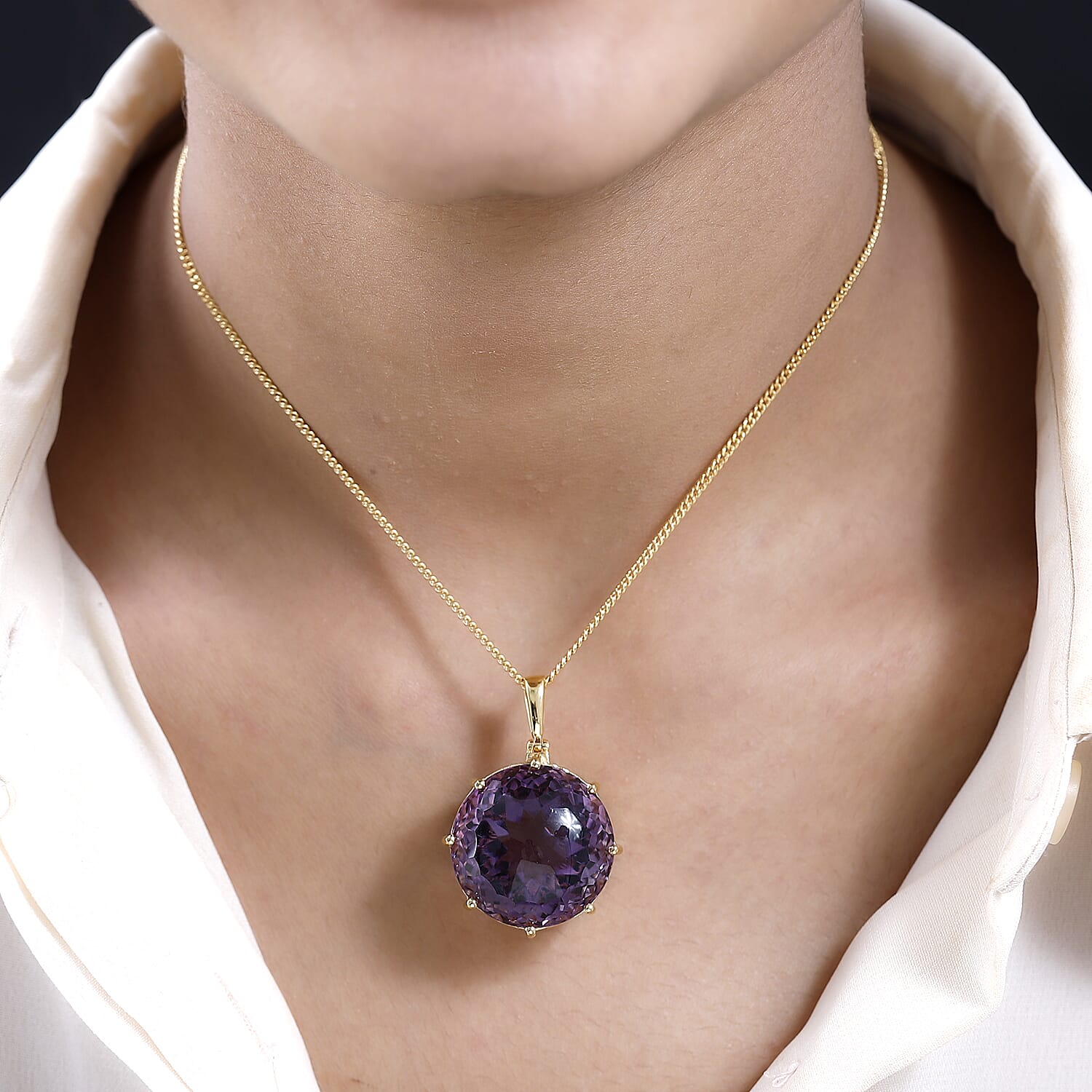 Mashamba Amethyst Pendant with Chain (Size 20) in 18K Vermeil Yelow Gold Plated Sterling 56.73 Ct, Silver Wt. 10.41 Gms