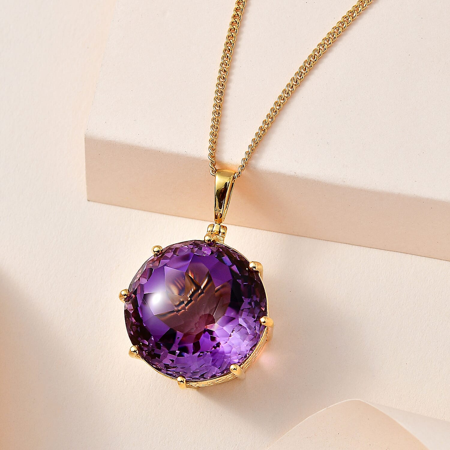 Mashamba Amethyst Pendant with Chain (Size 20) in 18K Vermeil Yelow Gold Plated Sterling 56.73 Ct, Silver Wt. 10.41 Gms