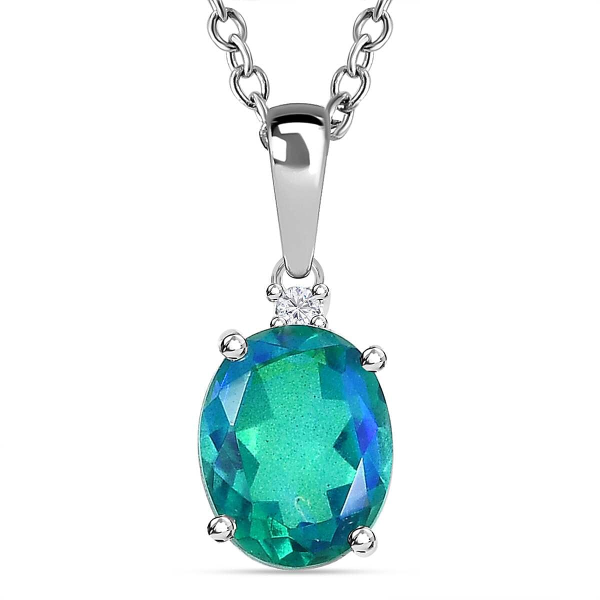 Peacock Triplet Quartz & Natural Zircon Sterling Silver Pendant with Stainless Steel Chain (Size 20) 2.22 Ct.