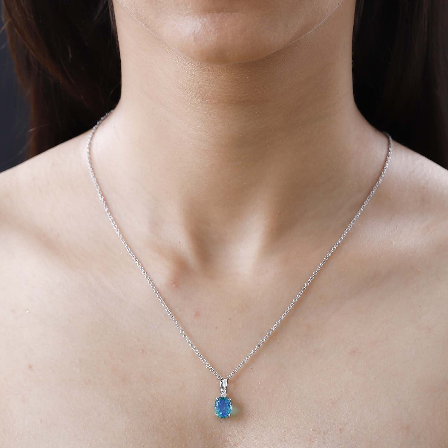 Peacock Triplet Quartz & Natural Zircon Sterling Silver Pendant with Stainless Steel Chain (Size 20) 2.22 Ct.