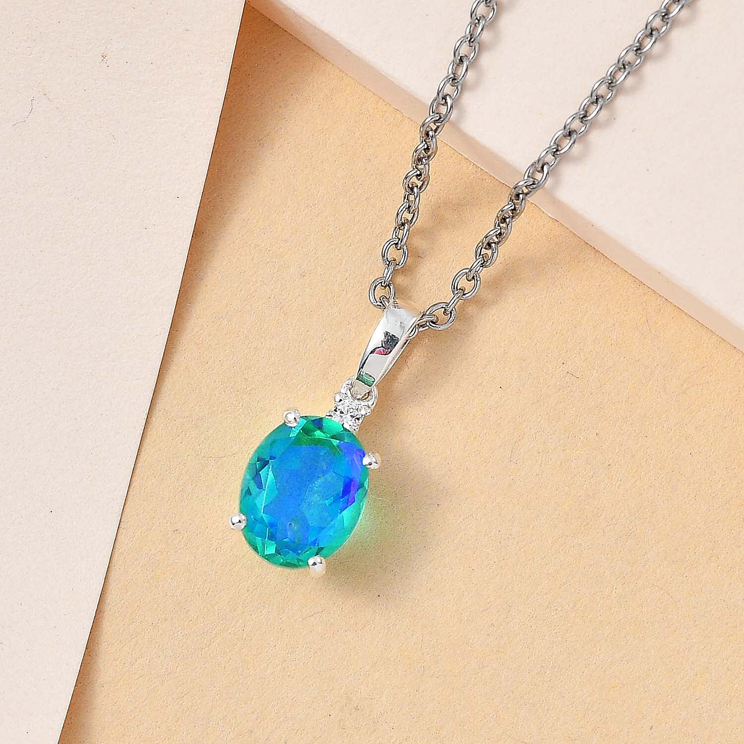 Peacock Triplet Quartz & Natural Zircon Sterling Silver Pendant with Stainless Steel Chain (Size 20) 2.22 Ct.