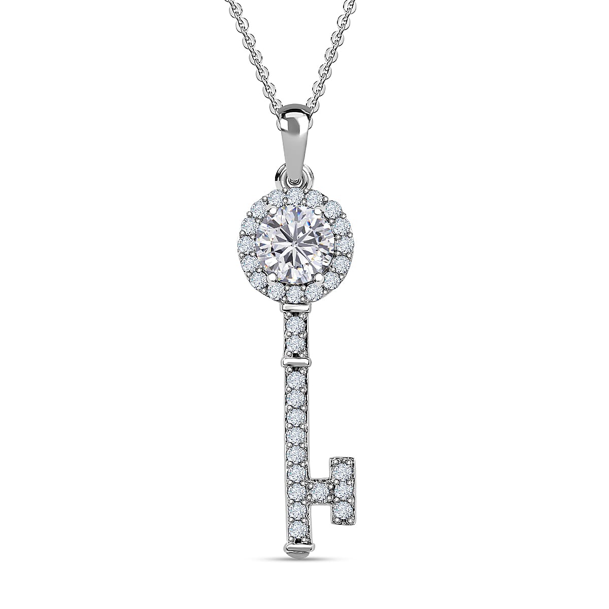 Moissanite Key of Love Pendant with Chain (Size 20) in Platinum Overlay Sterling Silver 1.57 Ct.