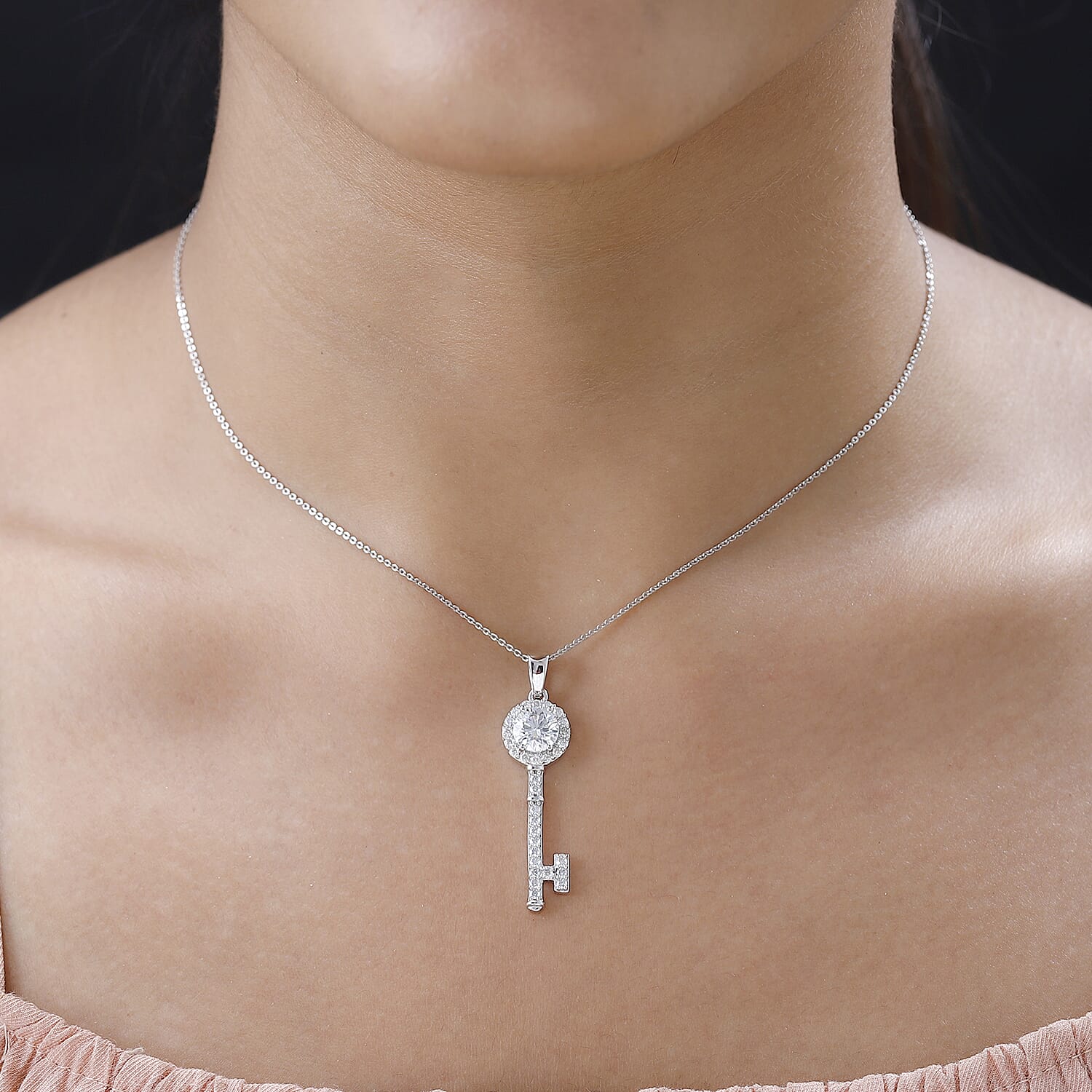 Moissanite Key of Love Pendant with Chain (Size 20) in Platinum Overlay Sterling Silver 1.57 Ct.