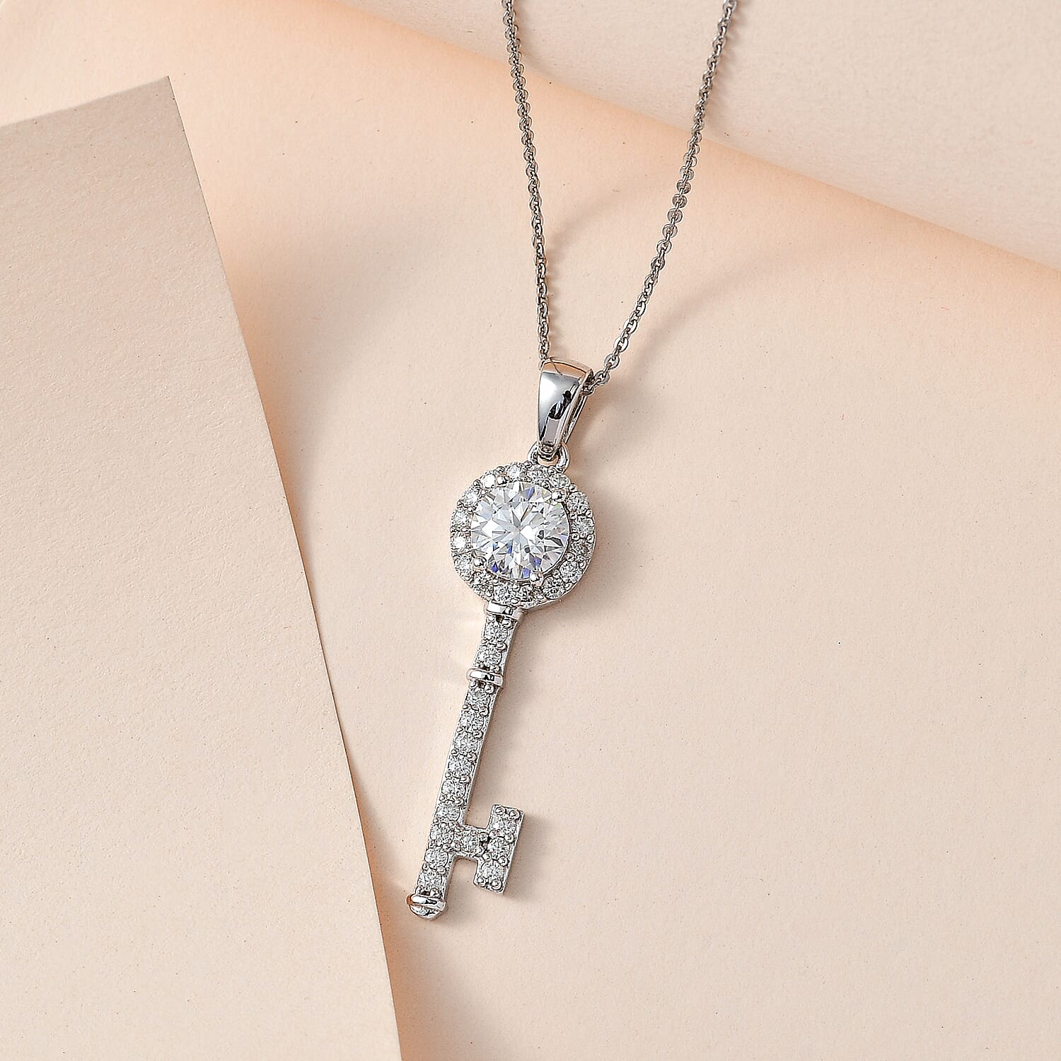 Moissanite Key of Love Pendant with Chain (Size 20) in Platinum Overlay Sterling Silver 1.57 Ct.
