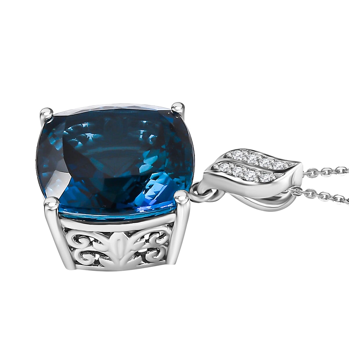 London Blue Topaz & Moissanite Pendant with Chain (Size 20) in Platinum Overlay Sterling Silver, 9.90 Ct, Silver Wt 6.00 GM