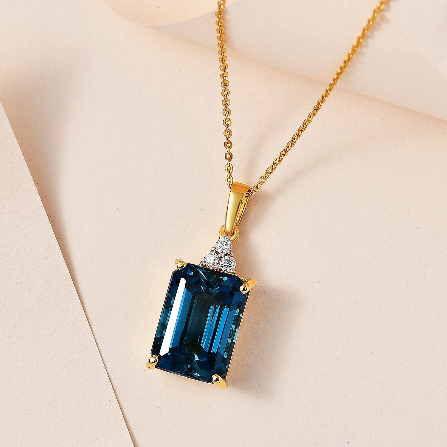 London Blue Topaz & Moissanite Pendant with Chain (Size 20) in 18K Yellow Gold Vermeil Plated Sterling Silver 9.40 Ct.