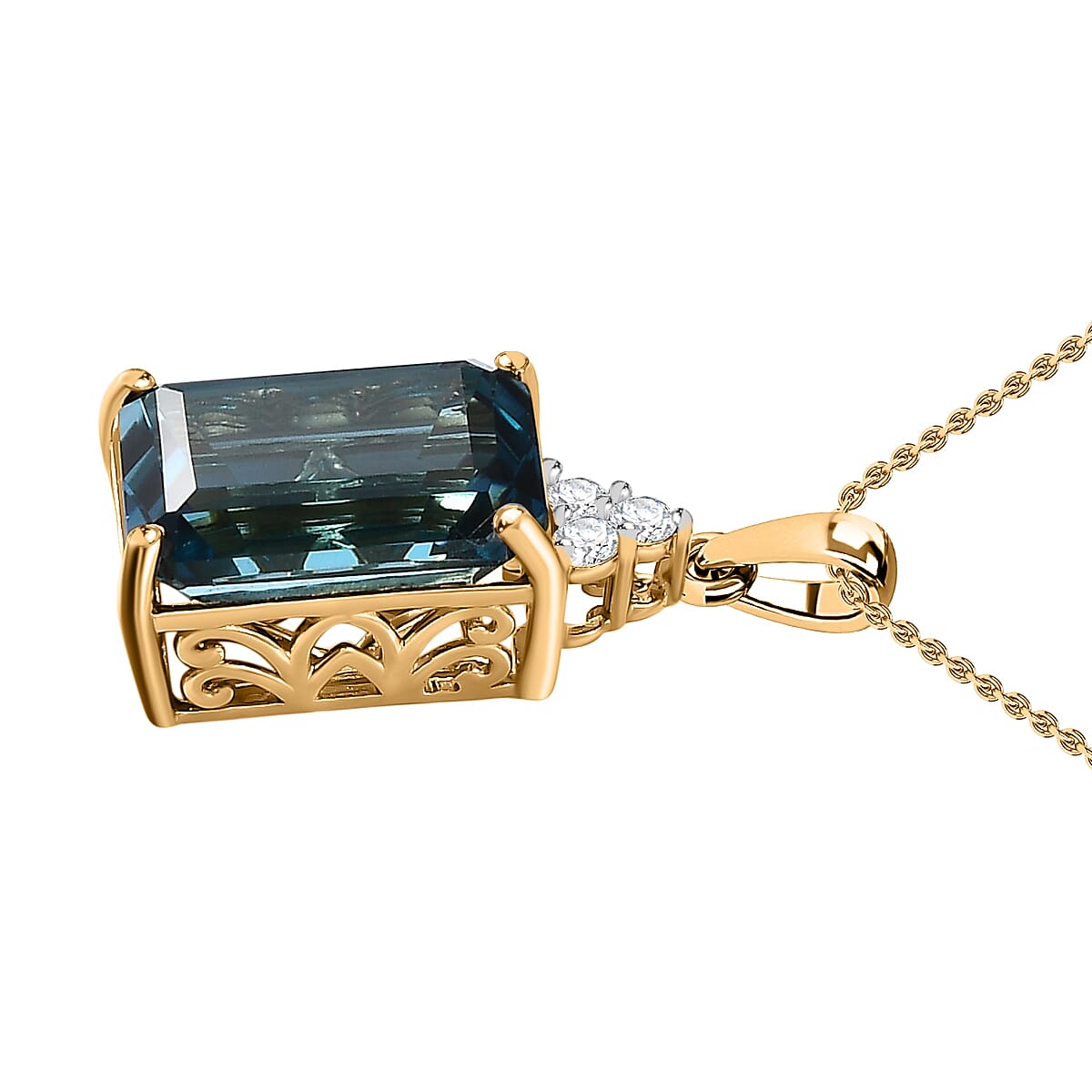 London Blue Topaz & Moissanite Pendant with Chain (Size 20) in 18K Yellow Gold Vermeil Plated Sterling Silver 9.40 Ct.