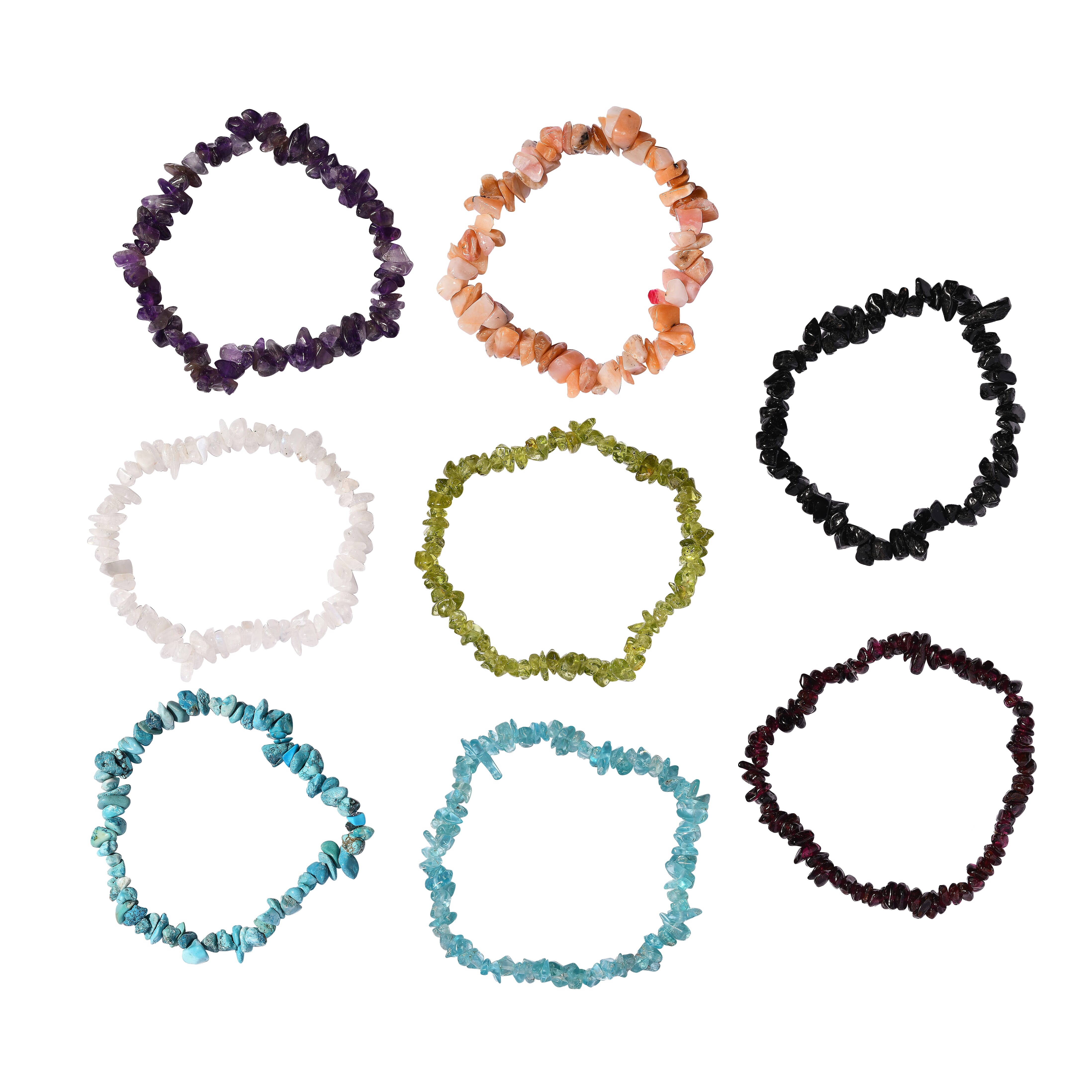 Set of 8 -  Pink Opal, Paraiba Apatite, Amethyst, Hebei Peridot, Turquoise, Black Tourmaline, Rainbow Moonstone, Rhodolite Garnet Stone Bracelet 396.90 Ct.