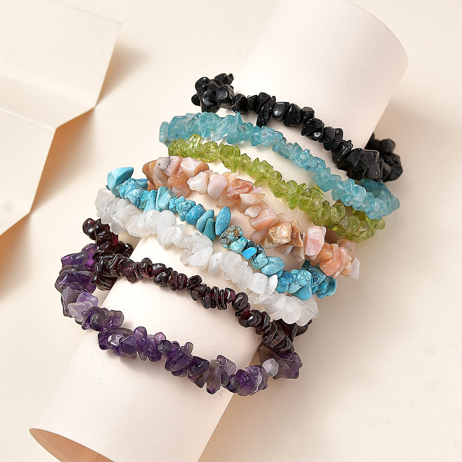 Set of 8 -  Pink Opal, Paraiba Apatite, Amethyst, Hebei Peridot, Turquoise, Black Tourmaline, Rainbow Moonstone, Rhodolite Garnet Stone Bracelet 396.90 Ct.