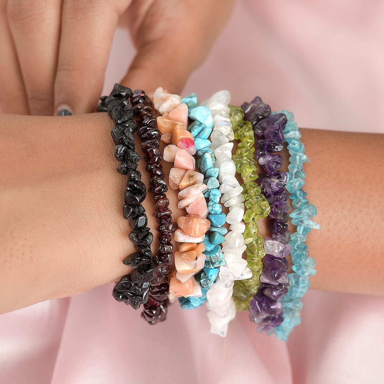 Set of 8 -  Pink Opal, Paraiba Apatite, Amethyst, Hebei Peridot, Turquoise, Black Tourmaline, Rainbow Moonstone, Rhodolite Garnet Stone Bracelet 396.90 Ct.