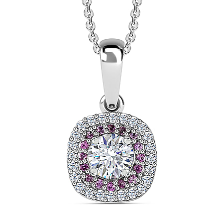 Moissanite & Pink Sapphire Halo Pendant with Chain (Size 20) in Platinum Overlay Sterling Silver