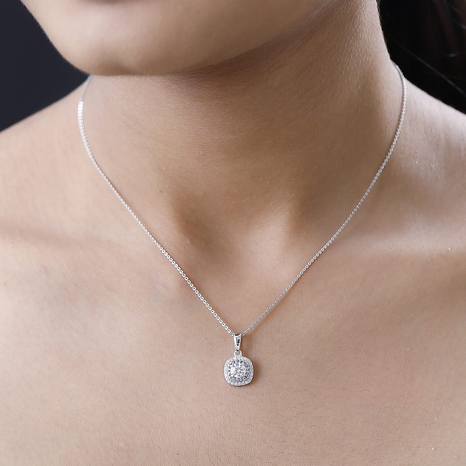 Moissanite & Pink Sapphire Halo Pendant with Chain (Size 20) in Platinum Overlay Sterling Silver