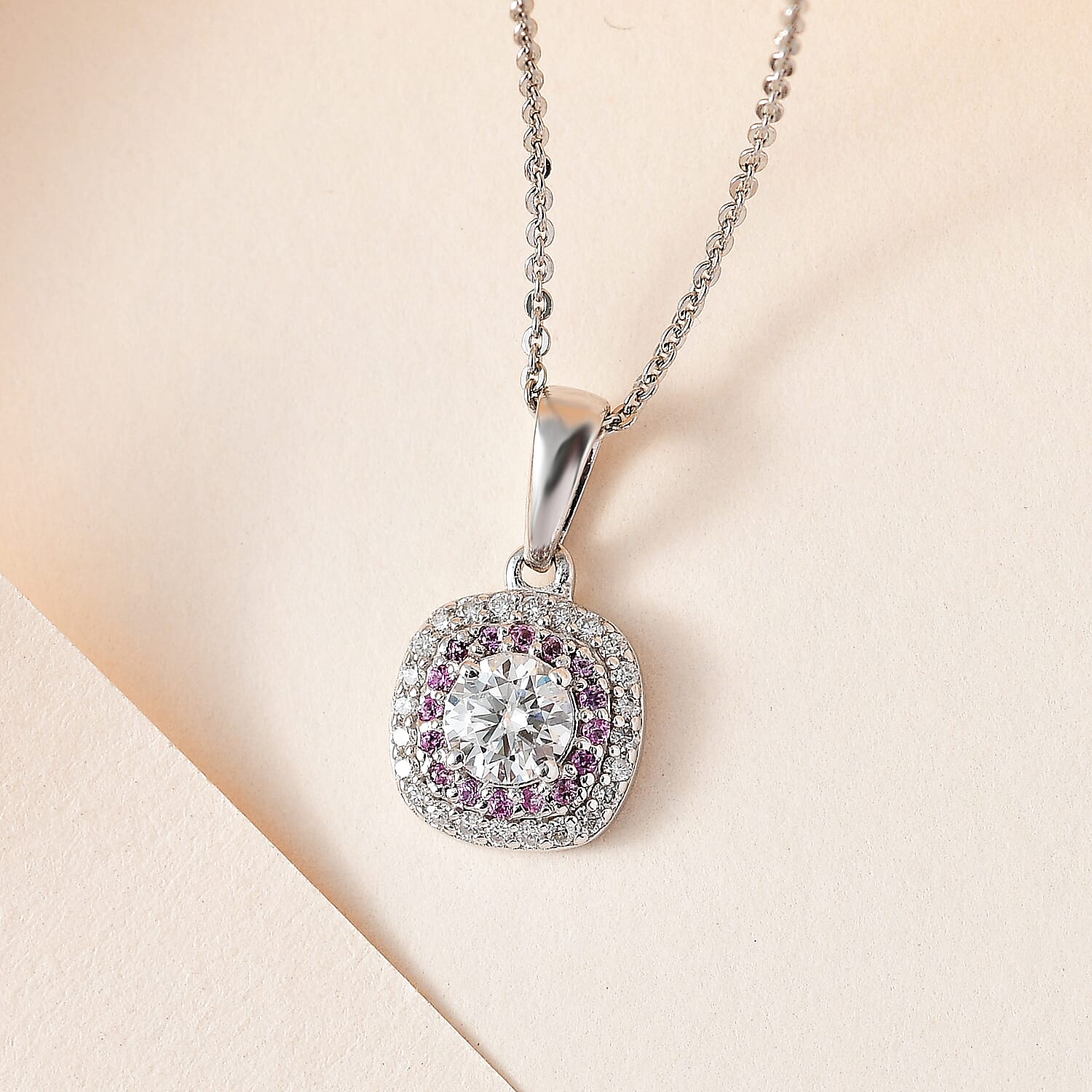Moissanite & Pink Sapphire Halo Pendant with Chain (Size 20) in Platinum Overlay Sterling Silver