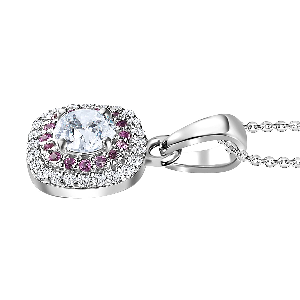 Moissanite & Pink Sapphire Halo Pendant with Chain (Size 20) in Platinum Overlay Sterling Silver