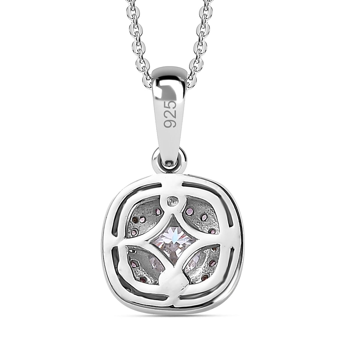 Moissanite & Pink Sapphire Halo Pendant with Chain (Size 20) in Platinum Overlay Sterling Silver