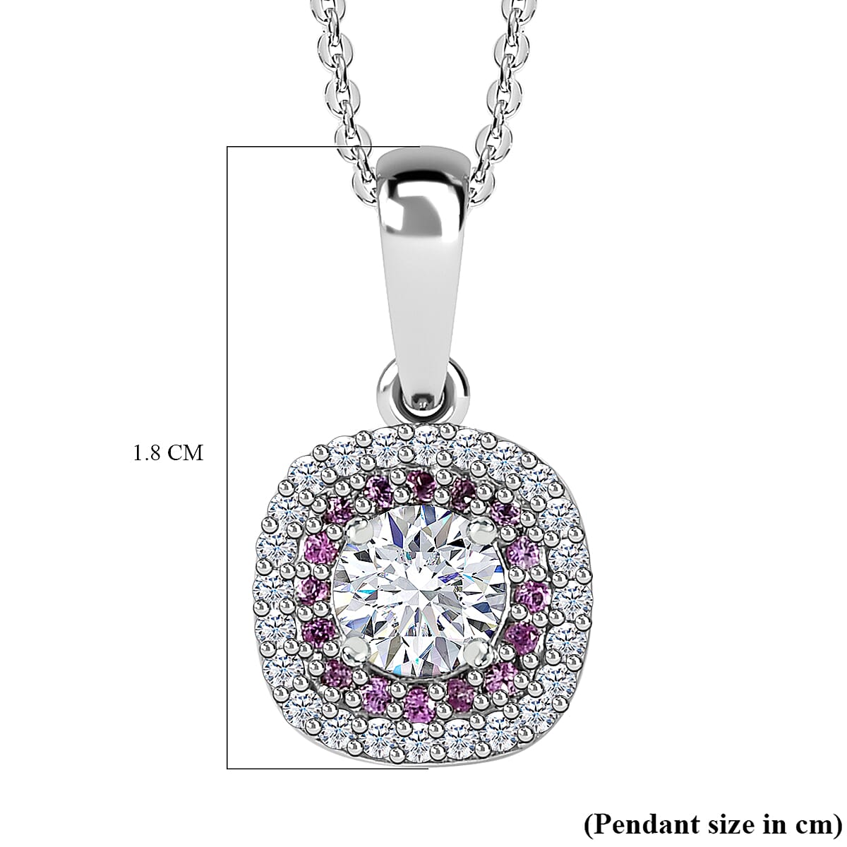 Moissanite & Pink Sapphire Halo Pendant with Chain (Size 20) in Platinum Overlay Sterling Silver