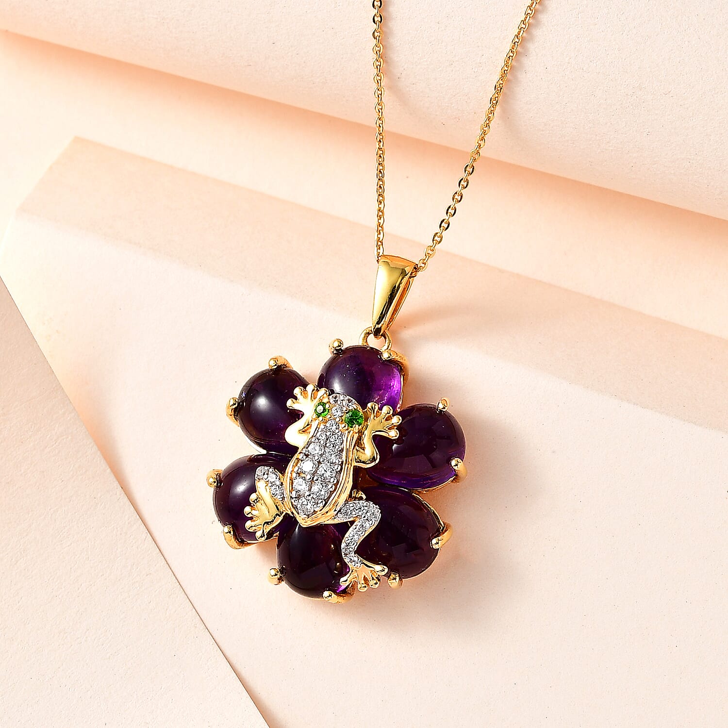 GP Italian Garden Collection - Amethyst, Natural Zircon, Natural Chrome Diopside & Multigemstone Pendant with Chain (Size 20) in 18K YG Vermeil Plated Sterling Silver 17.02 Ct, Silver Wt. 8.55 Gms