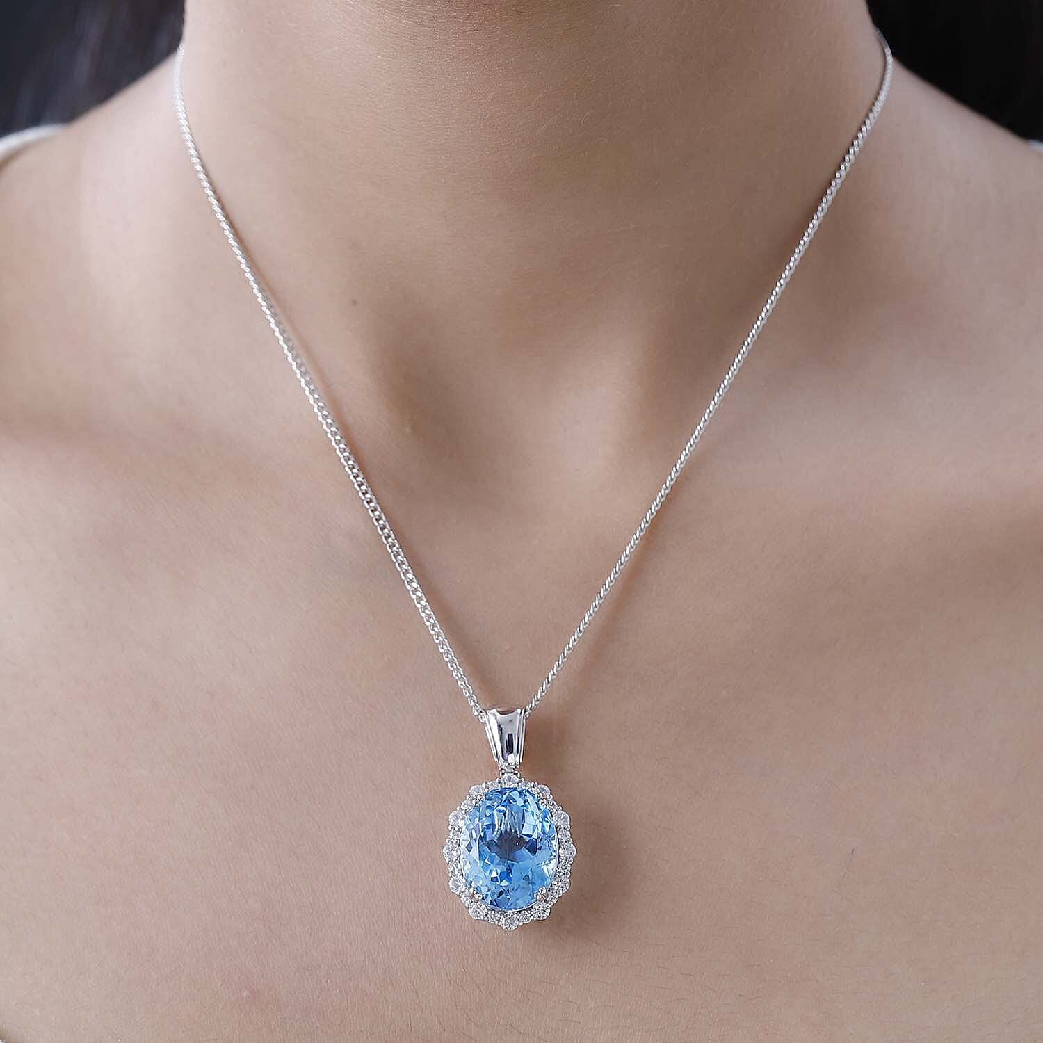 Blue Topaz & Natural Zircon Halo Pendant with Chain (Size 20) in Platinum Overlay Sterling Silver 22.83 Ct, Silver Wt. 9.00 Gms