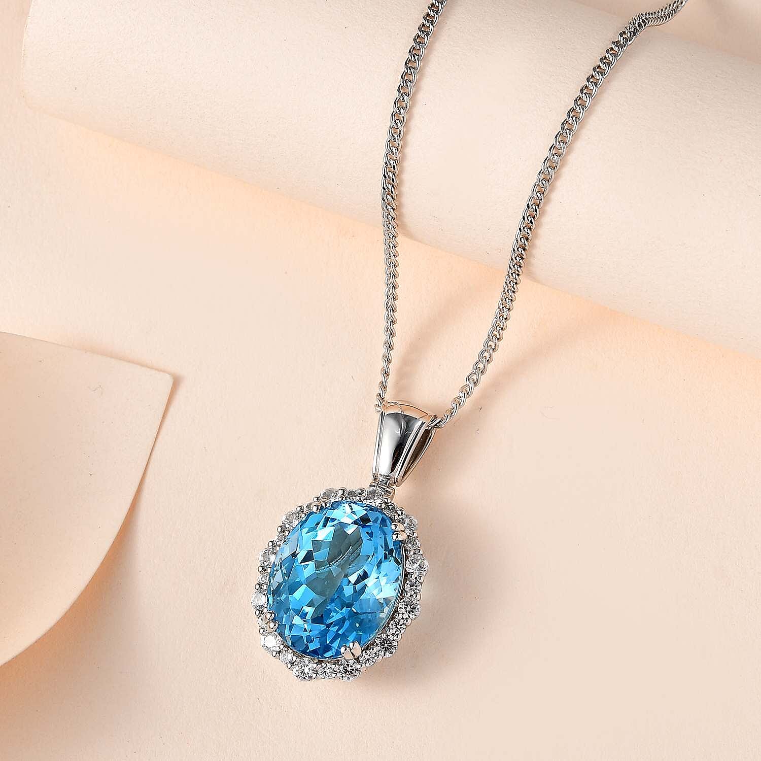 Blue Topaz & Natural Zircon Halo Pendant with Chain (Size 20) in Platinum Overlay Sterling Silver 22.83 Ct, Silver Wt. 9.00 Gms