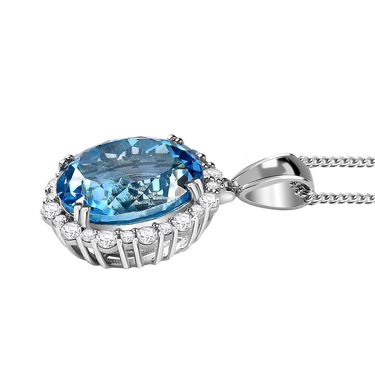 Blue Topaz & Natural Zircon Halo Pendant with Chain (Size 20) in Platinum Overlay Sterling Silver 22.83 Ct, Silver Wt. 9.00 Gms